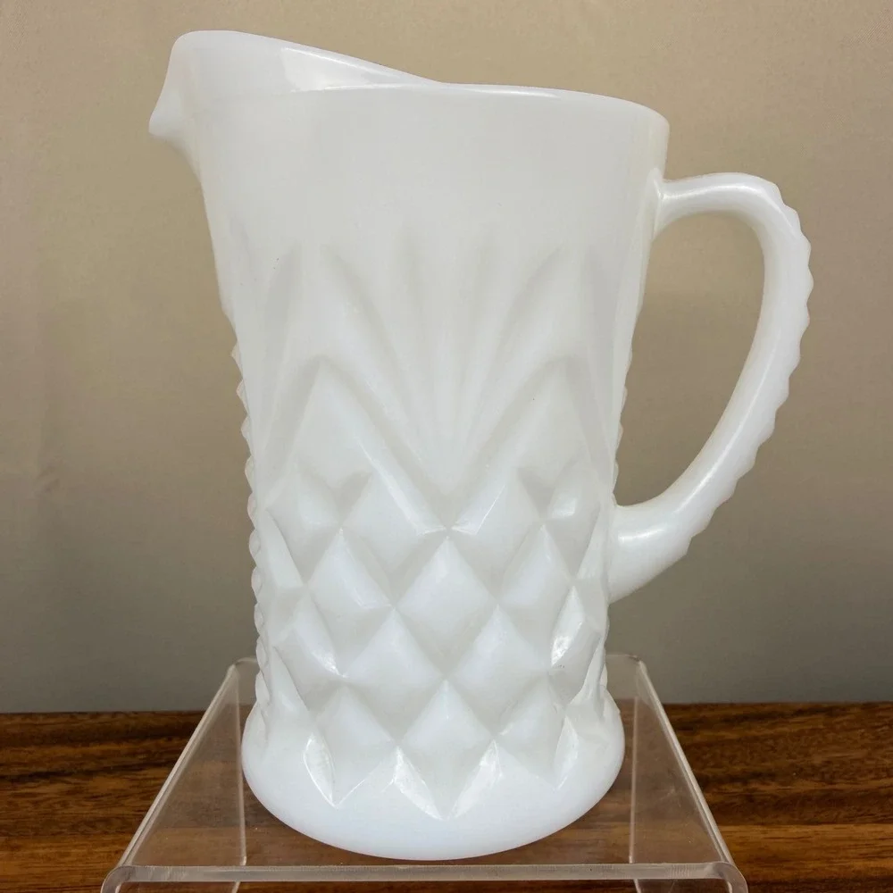 Anchor Hocking Milk Glass Pitcher Pineapple Pattern White Vtg Mid Century 6in